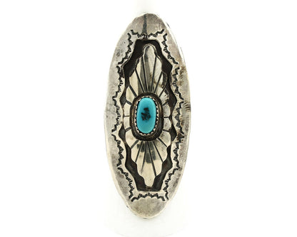 Navajo Shield Ring .925 Silver Blue Turquoise Hand Stamped Native Artist C.80's