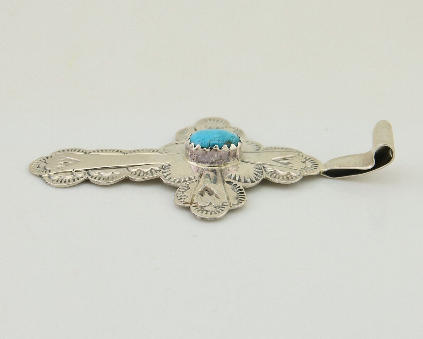 Navajo Cross Hand Stamped Pendant 925 Silver Turquoise Artist Gilbert Lee C.80's