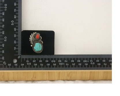 Navajo Ring 925 Sterling Natural Coral & Turquoise Native Artist C.80's Size 7.0