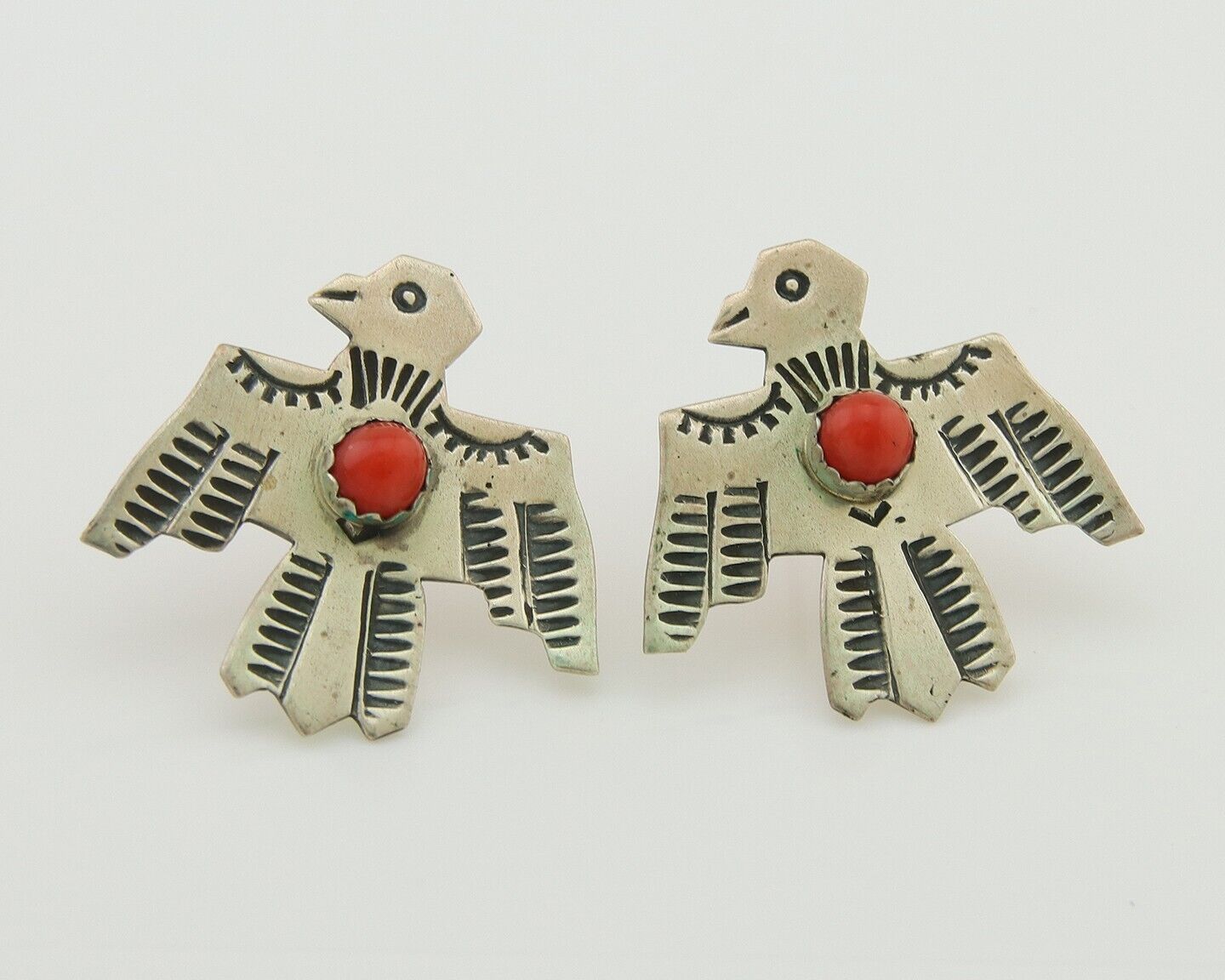 Navajo Thunderbird Earrings 925 Silver Natural Red Coral Native Artist C.80's