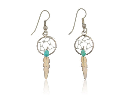 Navajo Dangle Dream Catcher Earrings 925 Silver Blue Turquoise Native Artist C80