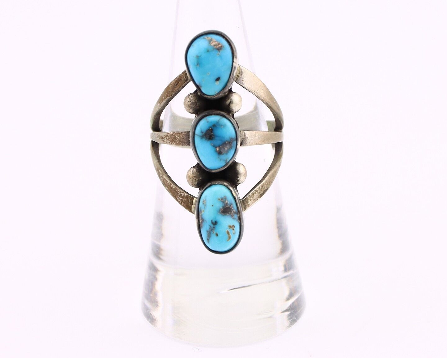 Navajo 3 Stone Ring 925 Silver Blue Turquoise Native American Artist C.80's