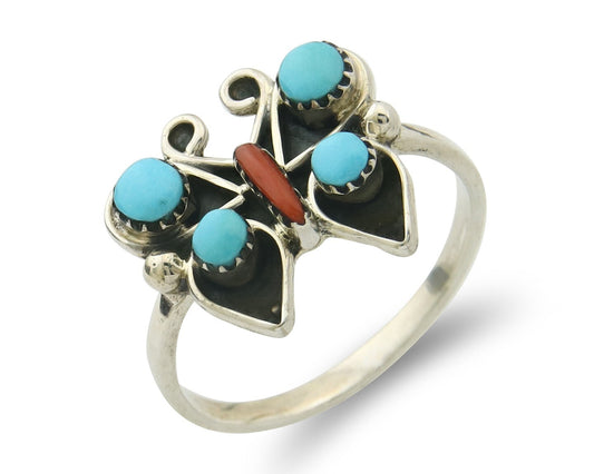 Navajo Butterfly Ring 925 Sterling Silver Authentic Turquoise & Coral Size 7.25