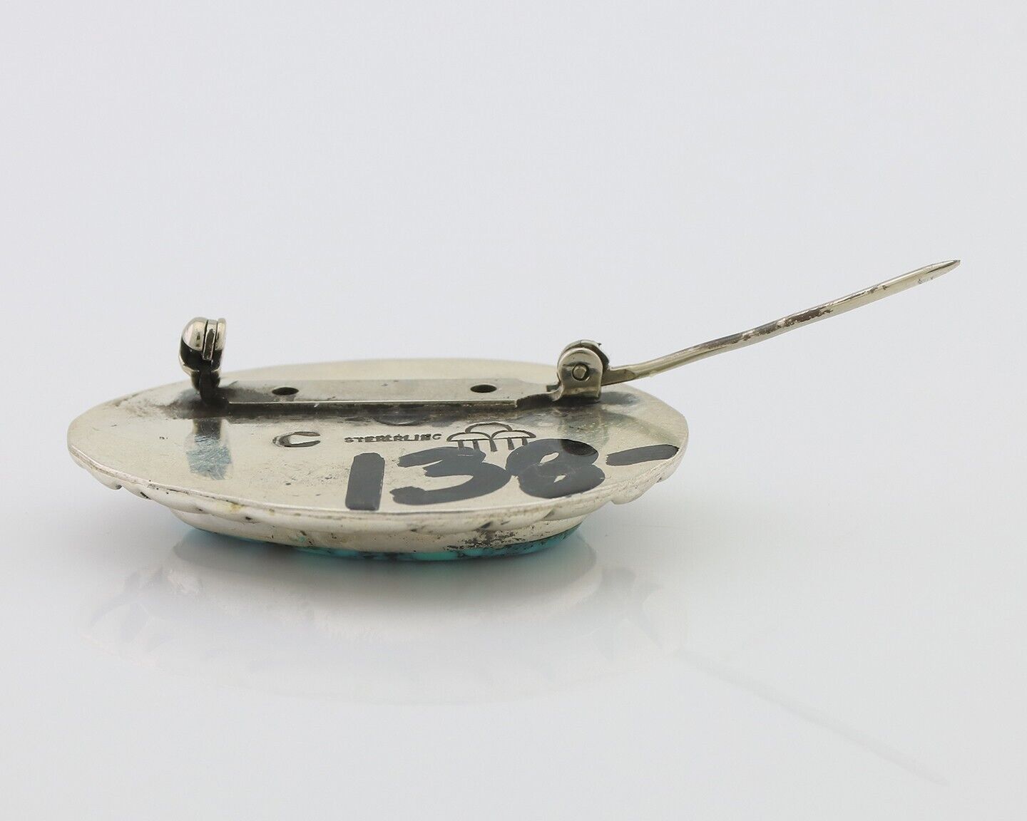 Navajo Pin 925 Silver Natural Spiderweb Turquoise Signed C Raincloud C.80's