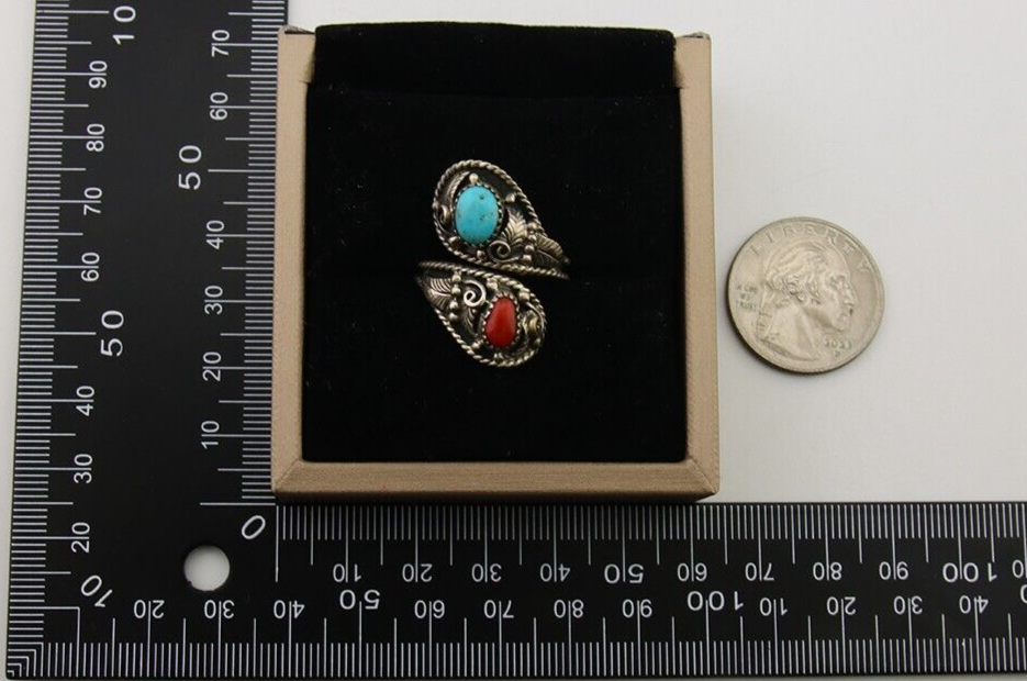 Navajo Ring 925 Silver Turquoise & Coral Artist Signed WB C.80's