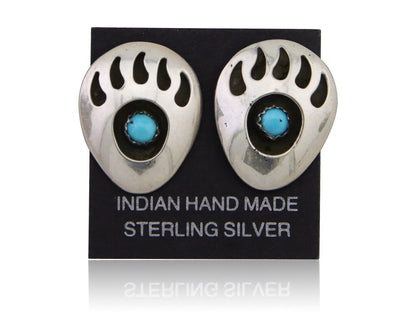 Navajo Paw Earrings 925 Silver Natural Turquoise Native American Artist C.80s