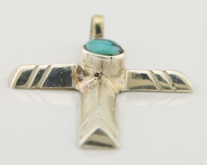 Navajo Sand Cast Cross Pendant 925 Silver Turquoise Artist Signed J Yazzie C.80s