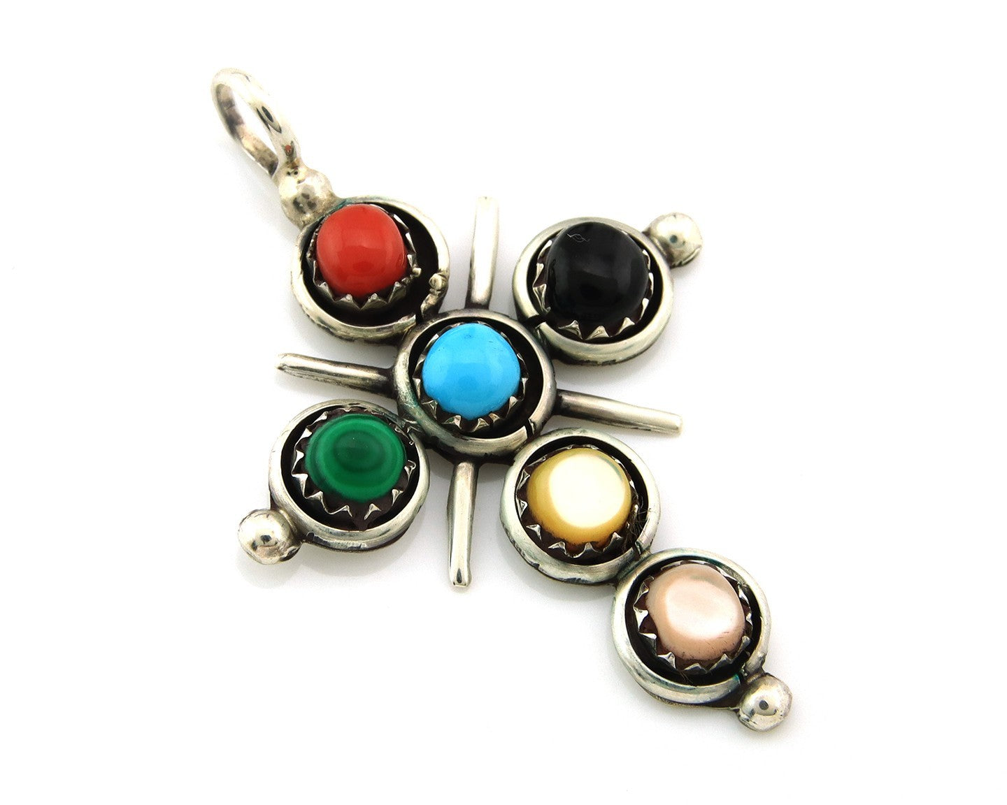 Zuni Cross Pendant Sterling Natural Gemstone Authentic Traditional Signed H&M