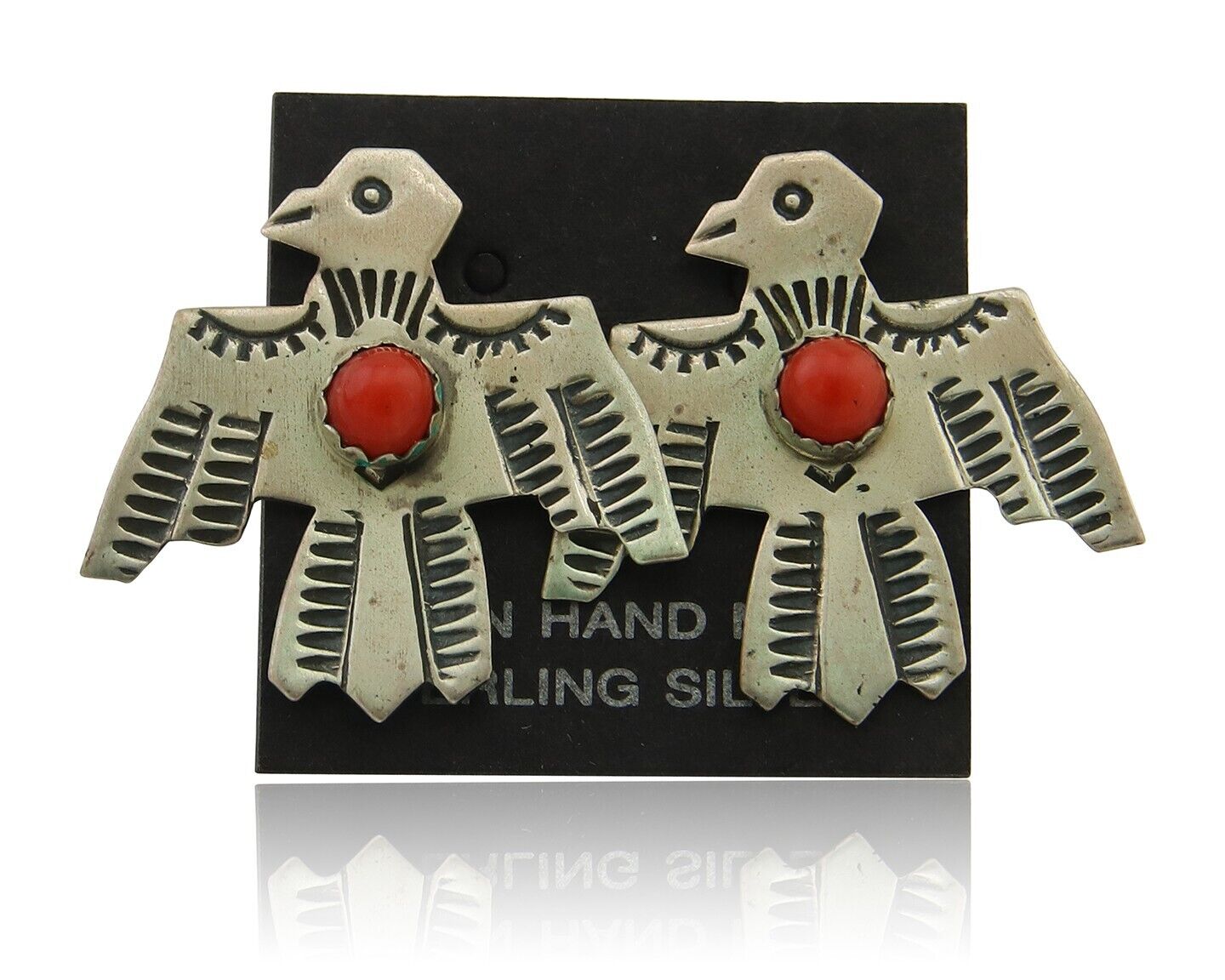 Navajo Thunderbird Earrings 925 Silver Natural Red Coral Native Artist C.80's