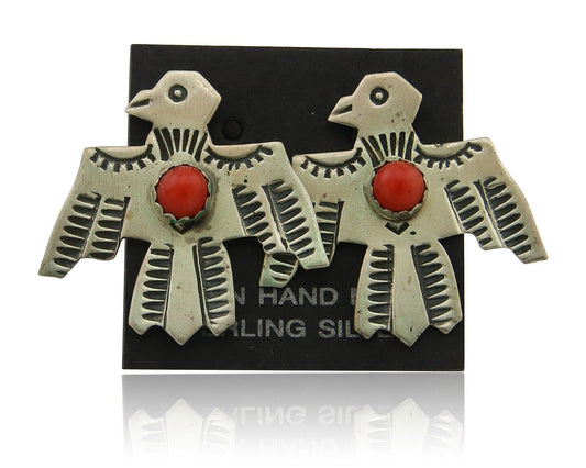 Navajo Thunderbird Earrings 925 Silver Natural Red Coral Native Artist C.80's