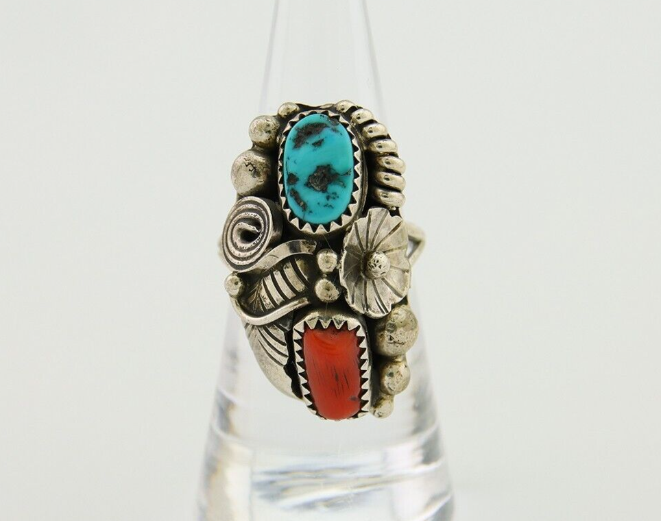 Navajo Handmade Ring 925 Silver Coral & Turquoise Native Artist C.80's