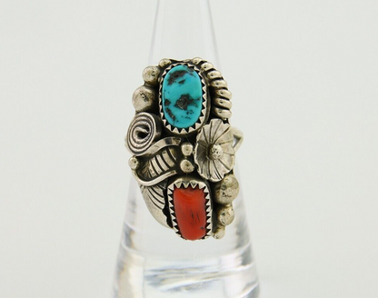 Navajo Handmade Ring 925 Silver Coral & Turquoise Native Artist C.80's
