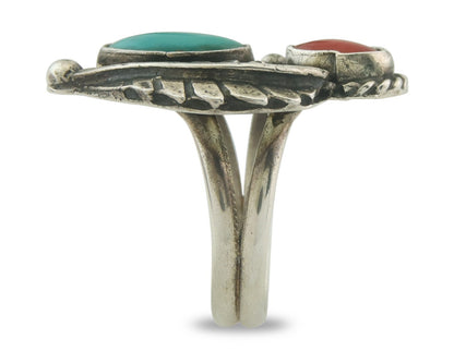 Navajo Ring 925 Sterling Natural Coral & Turquoise Signed EH C.80's Size 6.0