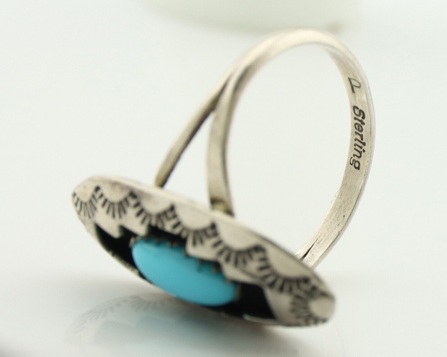 Navajo Ring .925 Silver Sleeping Beauty Turquoise Artist Signed P C.80's