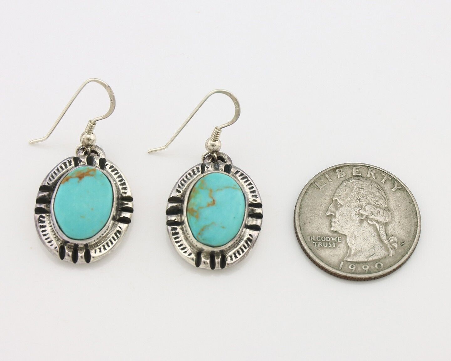 Navajo Handmade Earrings 925 Silver Natural Arizona Turquoise Signed Gecko C.80s