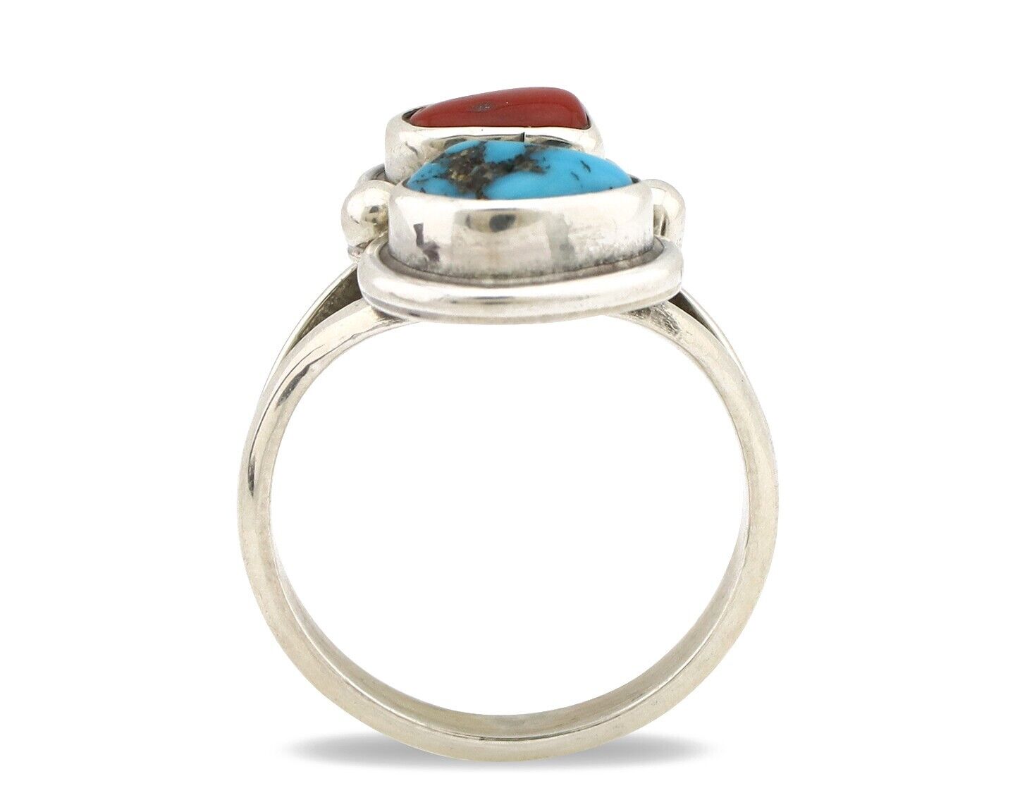 Navajo Ring 925 Silver SB Turquoise & Red Coral Native American Artist C.80s