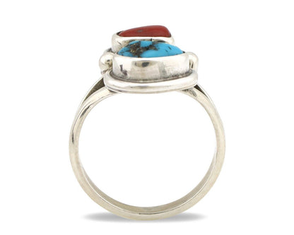 Navajo Ring 925 Silver SB Turquoise & Red Coral Native American Artist C.80s