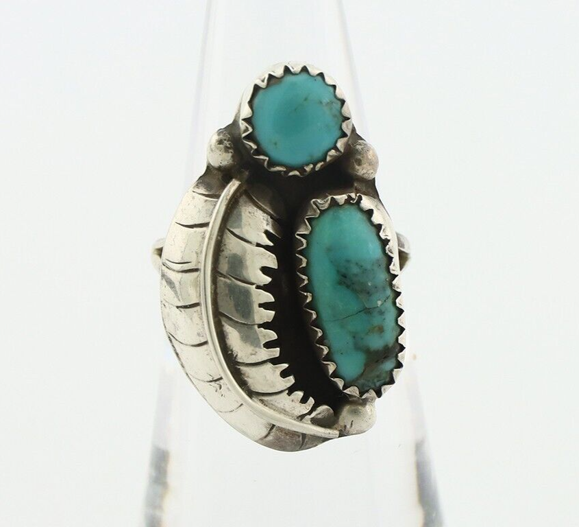 Navajo 2 Stone Ring 925 Silver Kingman Turquoise Native American Artist C.80's
