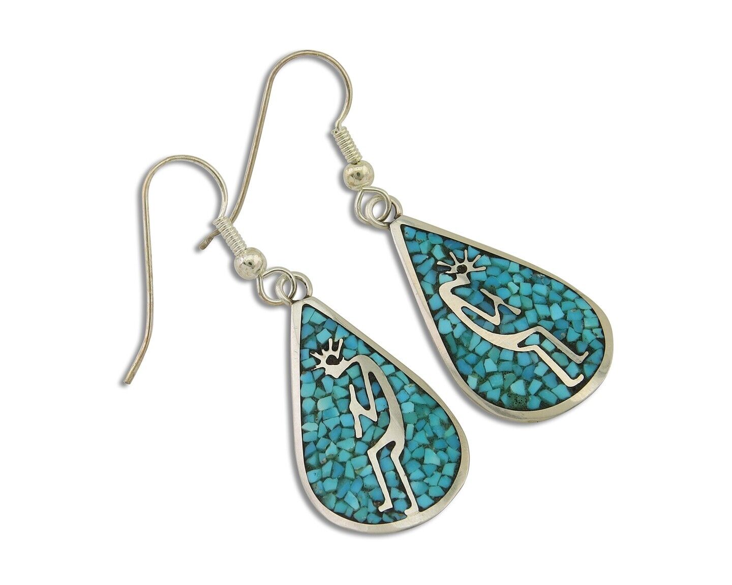 Navajo Kokopelli Earrings 999 Nickel Chip Inlay Turquoise Coral Native American