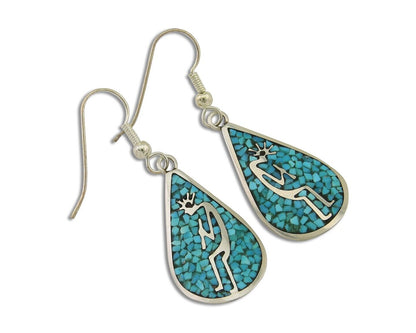 Navajo Kokopelli Earrings 999 Nickel Chip Inlay Turquoise Coral Native American
