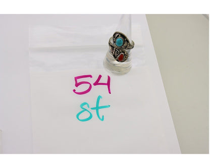 Navajo Ring 925 Silver Turquoise & Coral Artist Signed WB C.80's