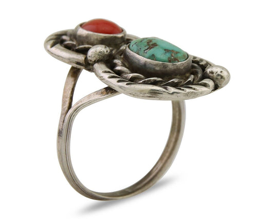 Navajo Handmade Ring 925 Silver Turquoise & Coral Native Artist C.80's