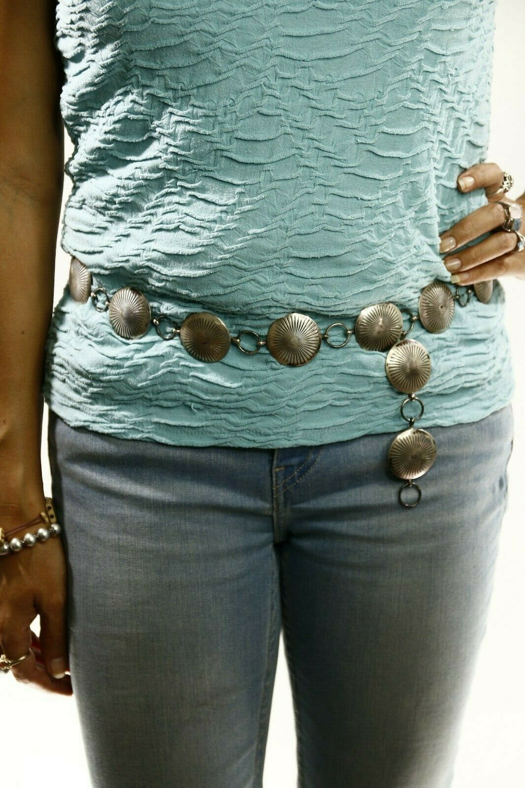 Navajo C.1980's Handmade .925 Silver Hand Stamped Concho Belt 36in Long