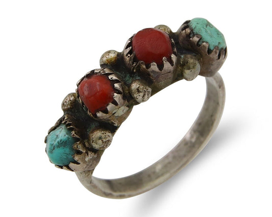 Navajo Ring 925 Silver Turquoise & Coral Native American Artist C.80's