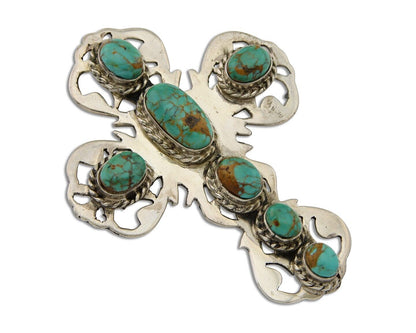 Navajo Pin Pendant 925 Silver Natural Spiderweb Turquoise Artist Signed Sun Set