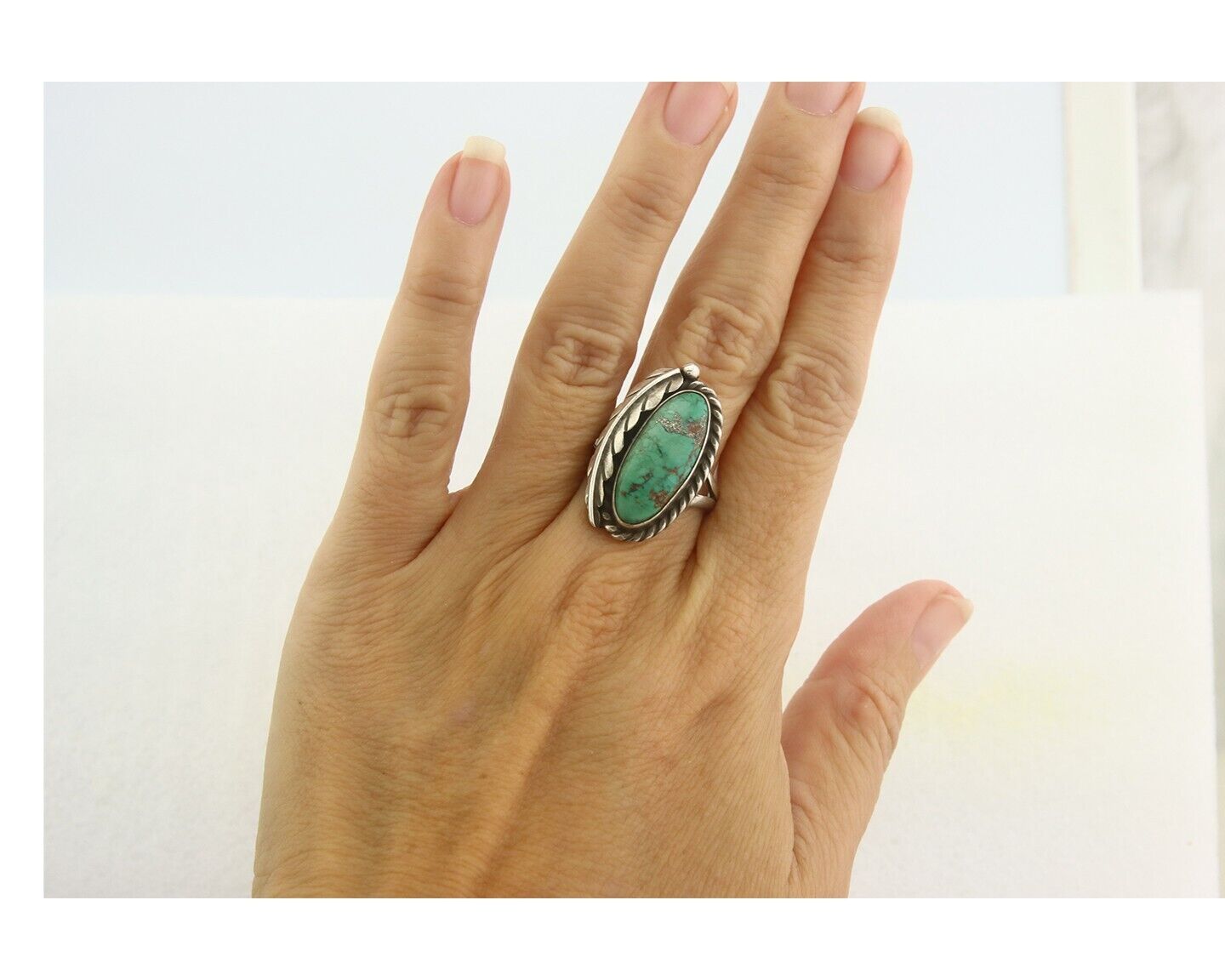 Navajo Ring 925 Sterling Blue Turquoise Artist Signed Sunset C.80's