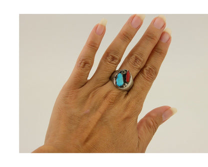 Navajo Handmade Ring 925 Silver Turquoise & Coral Native Artist C.80's