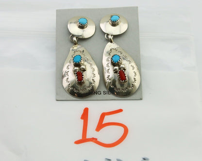 Navajo Earrings 925 Silver Turquoise & Coral Artist Signed Leeann Lee C.80's