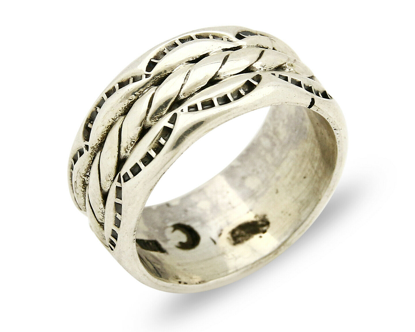 Navajo Ring .925 Silver Handmade Hand Stamped 3 Row Rope Band C.1980's Size 6.75