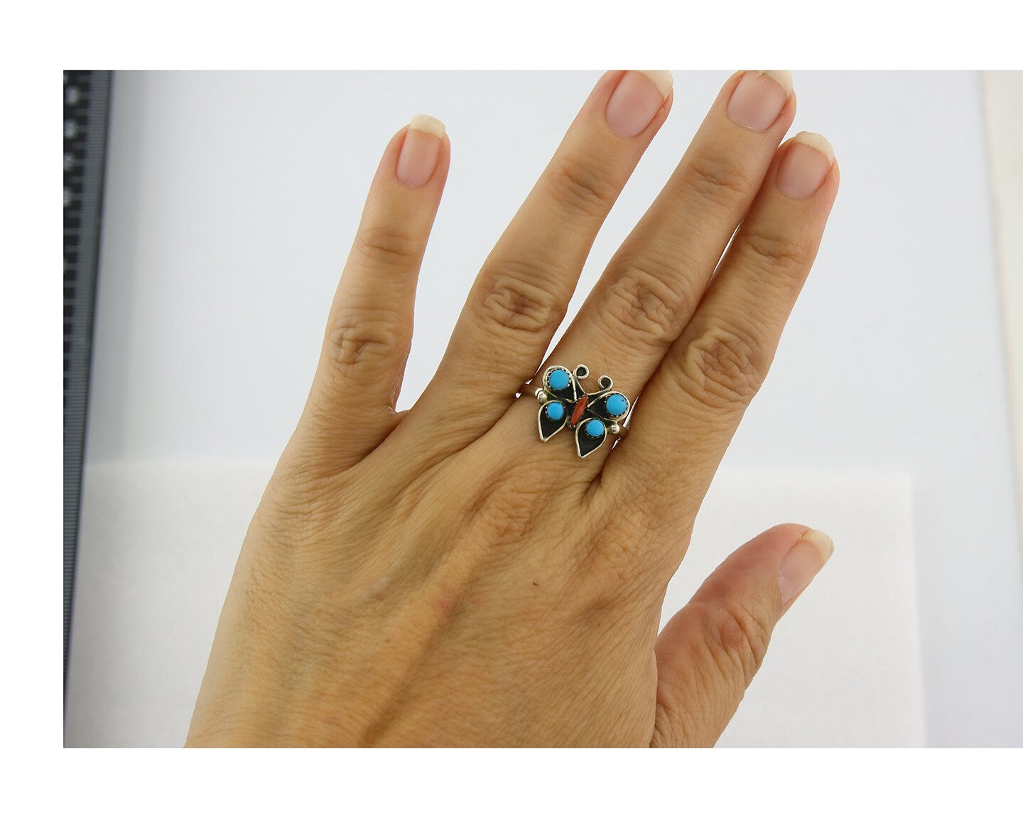 Navajo Butterfly Ring 925 Sterling Silver Authentic Turquoise & Coral Size 8.0