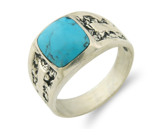 Men Vintage Nugget Ring 925 Sterling Turquoise Artist Signed SC Size 11.25