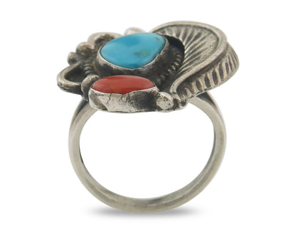 Navajo Ring 925 Sterling Natural Coral & Turquoise Native Artist C.80's Sz 6.0