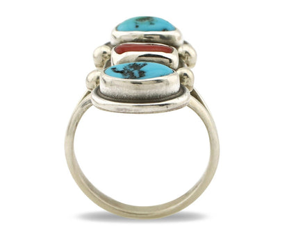 Navajo Ring 925 Silver Sleeping B Turquoise & Coral Native American Artist C.80s