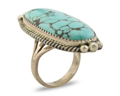 Navajo Ring 925 Sterling Spiderweb Blue Turquoise Native Artist C.80's Size 7.0