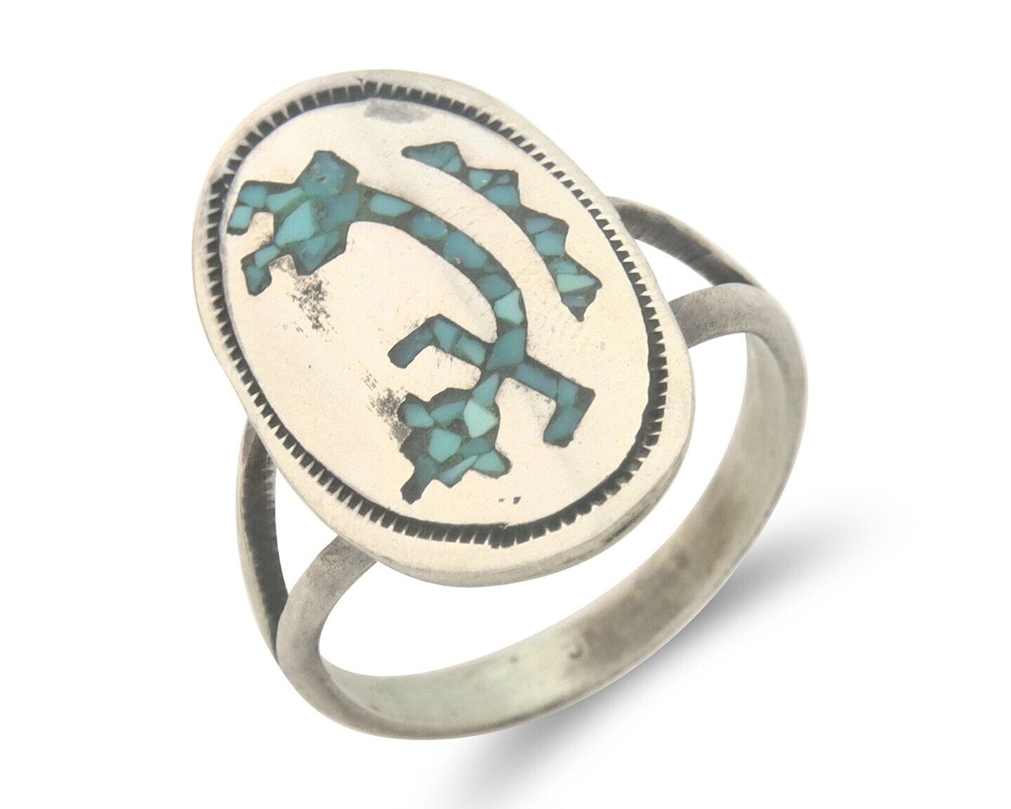 Navajo Ring 925 Sterling Natural Chip Inlay Turquoise C.80's Size 7.0