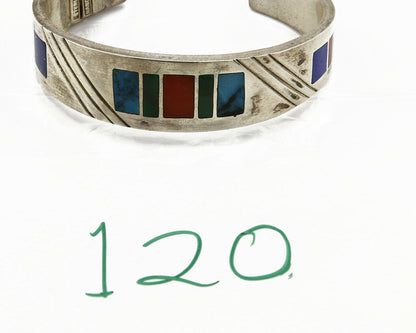 Early Artist David Freeland Inlaid Natural Gemstone .925 SOLID Silver Cuff
