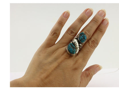Navajo 2 Stone Ring 925 Silver Seafoam Turquoise Native American Artist C.80's