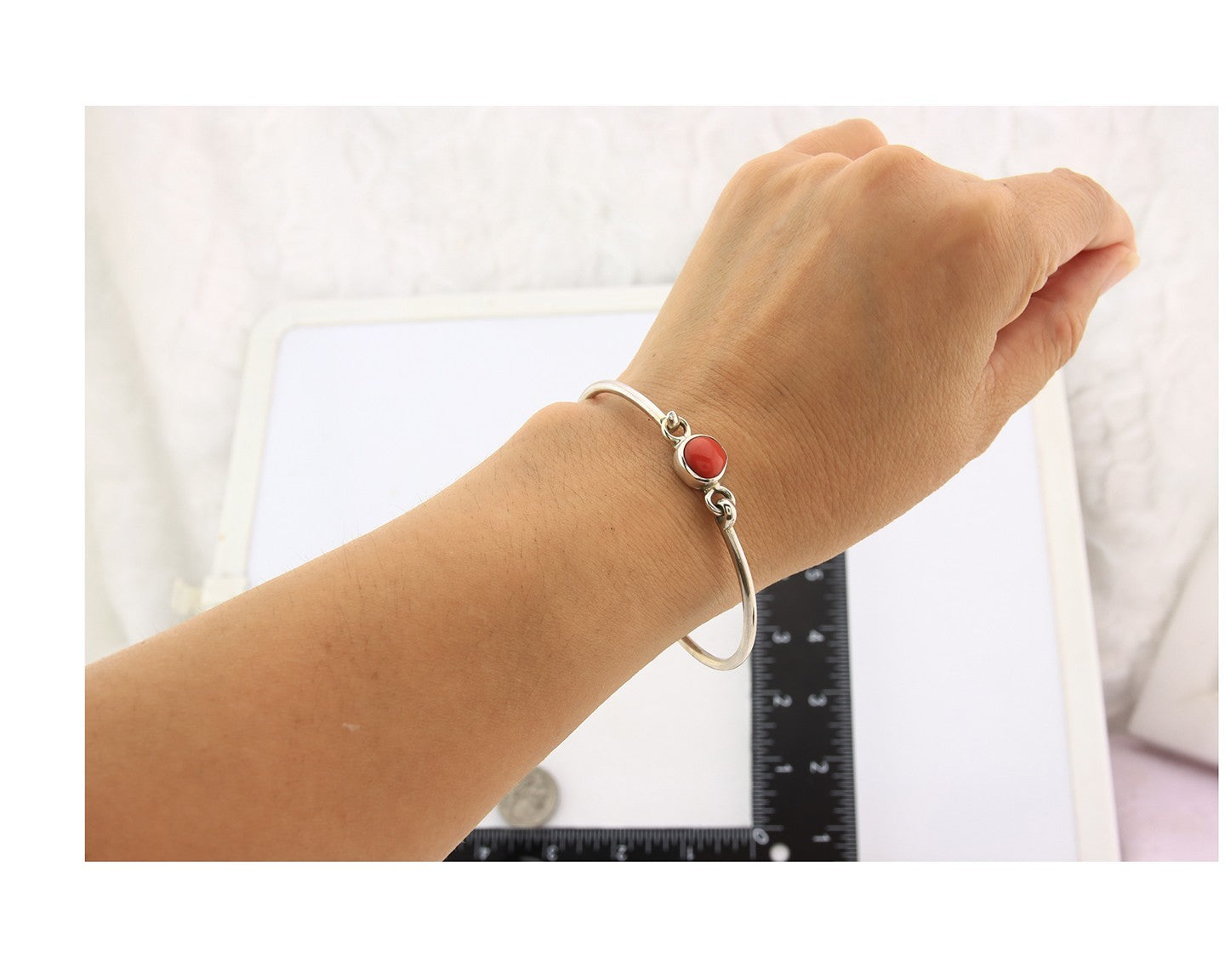 Navajo Bracelet Sterling Silver Natural Red Coral Artist Signed Sunrise