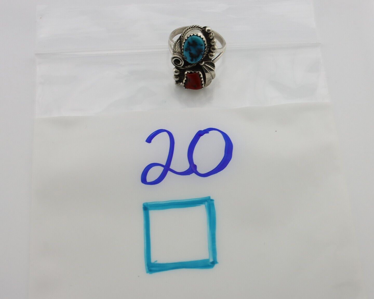 Navajo Ring .925 Silver Turquoise & Coral Artist Signed Justin Morris C.80's