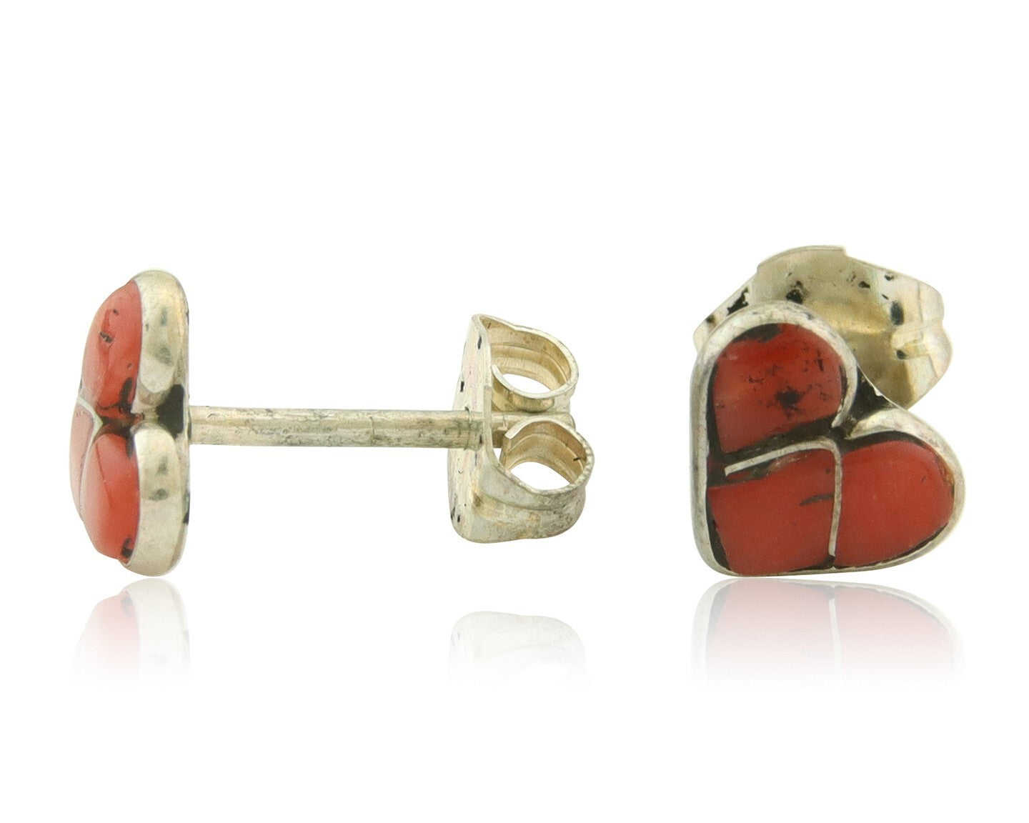 Navajo Heart Earrings 925 Silver Natural Inlaid Coral Native American Artist C80
