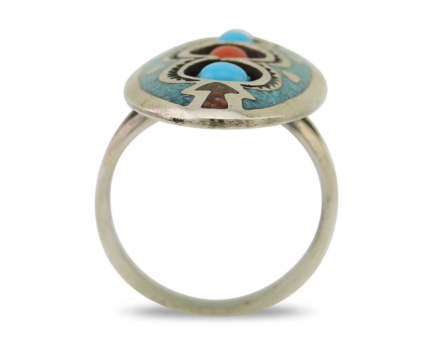Navajo Handmade Ring 925 Silver Coral & Turquoise Signed Circle JW C.80's