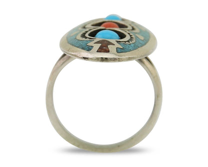 Navajo Handmade Ring 925 Silver Coral & Turquoise Signed Circle JW C.80's