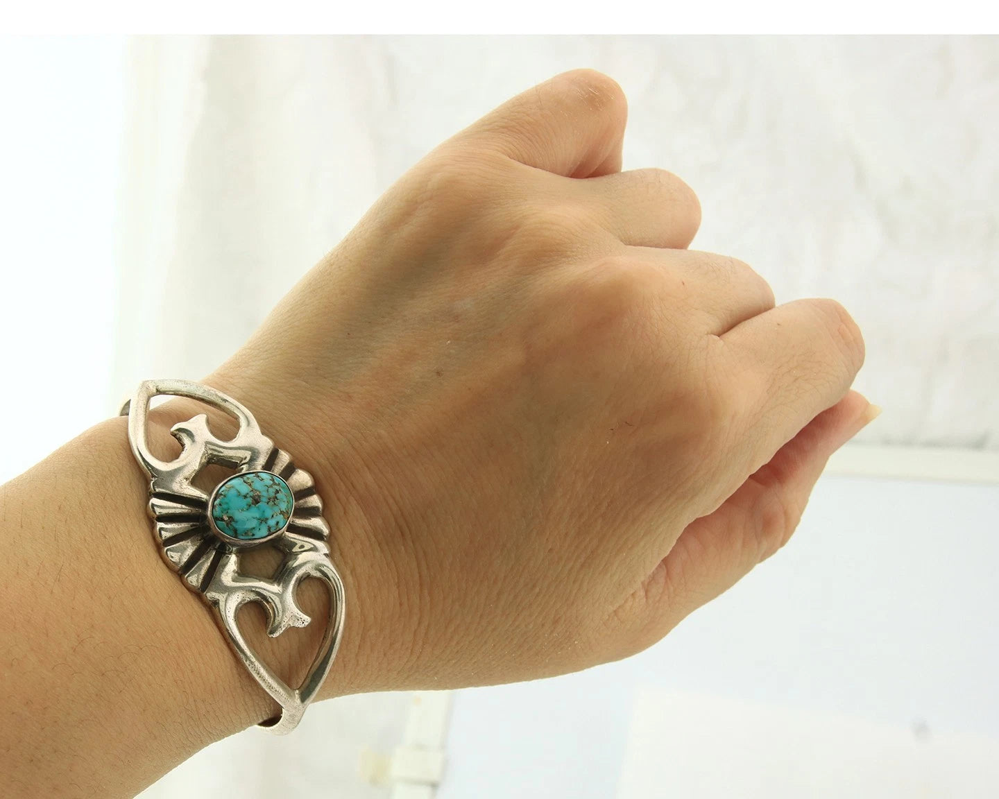 Navajo Cuff Bracelet Sterling Silver Turquoise Vintage Artist Signed C