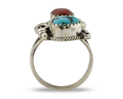 Navajo Ring .925 Silver Turquoise & Coral Artist Signed Justin Morris C.80's