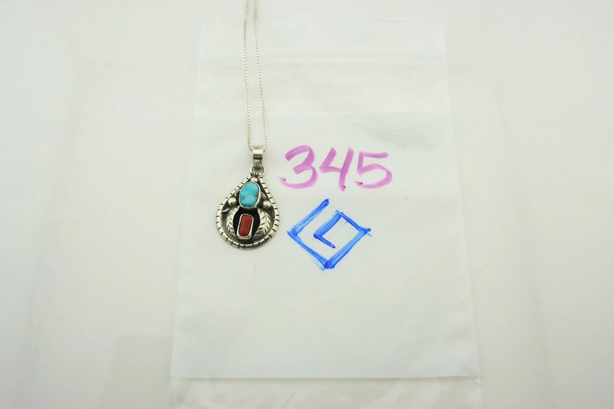 Navajo Necklace 925 Sterling Silver Natural Turquoise & Coral Signed Teepee