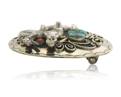 Navajo Belt Buckle .999 Nickel Buffalo Gemstone Signed 2.5 x 3.0 in C.80's